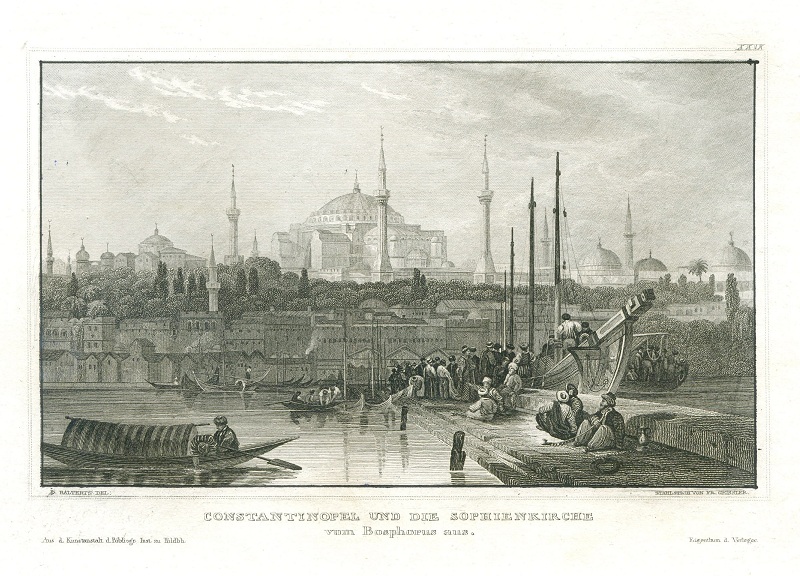 Гравюра. Вид с Босфора на Софийский Собор в Константинополе