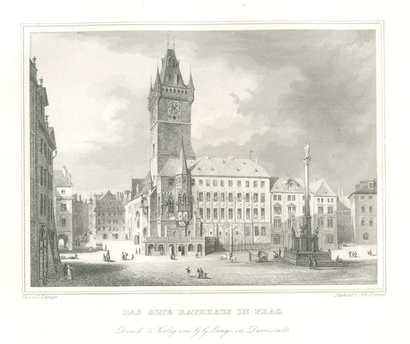 Гравюра. Старая ратуша и Марианская колонна в Праге