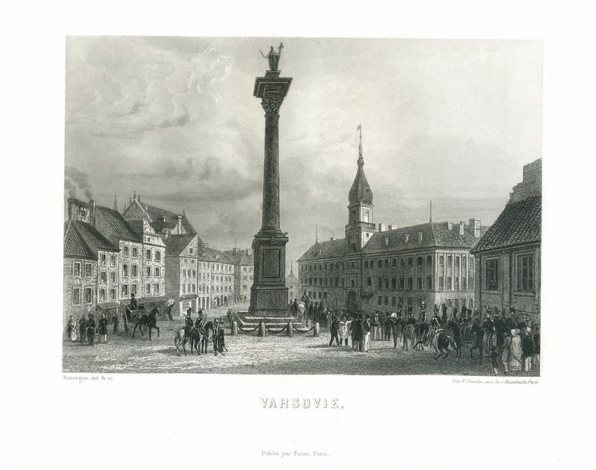 Гравюра. Варшава, Замковая площадь: вид на колонну короля Сигизмунда и Королевский дворец
